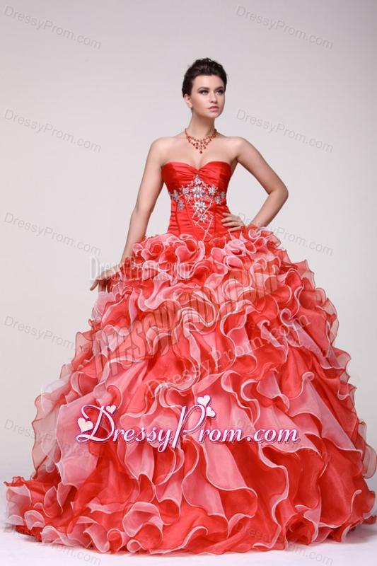 Sweetheart Beading and Ruffles Organza Quinceanera Dress in Red