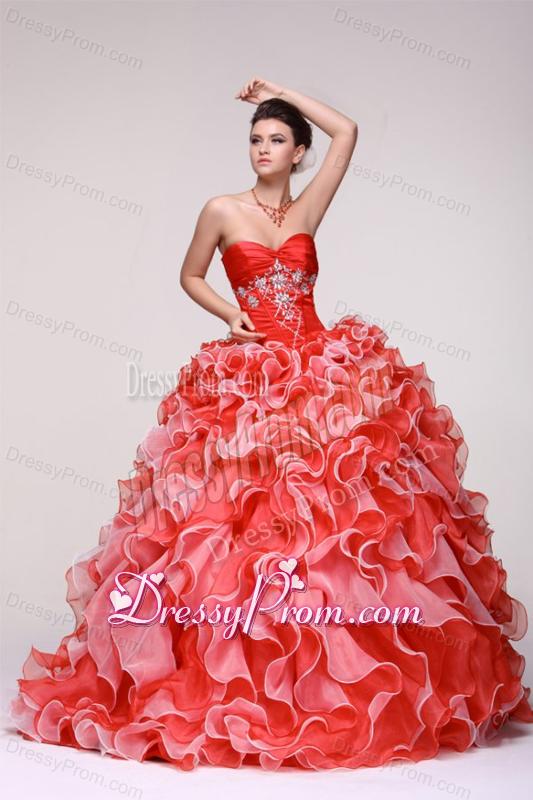 Sweetheart Beading and Ruffles Organza Quinceanera Dress in Red