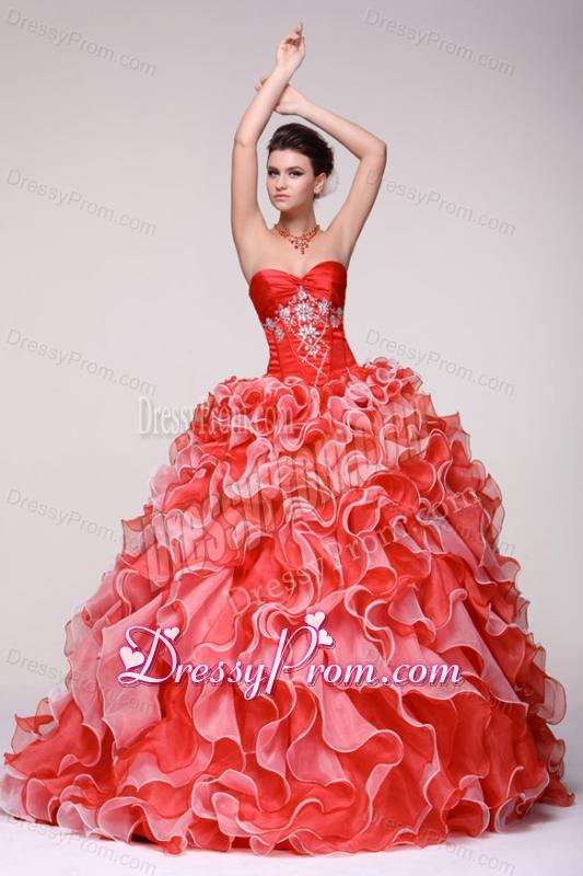 Sweetheart Beading and Ruffles Organza Quinceanera Dress in Red