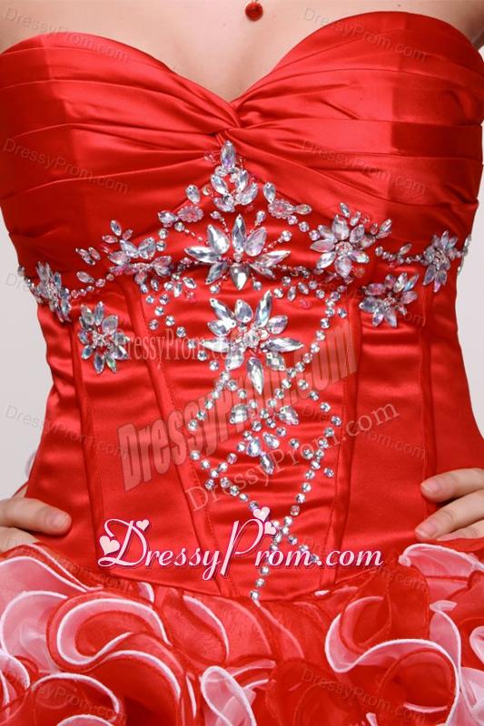 Sweetheart Beading and Ruffles Organza Quinceanera Dress in Red