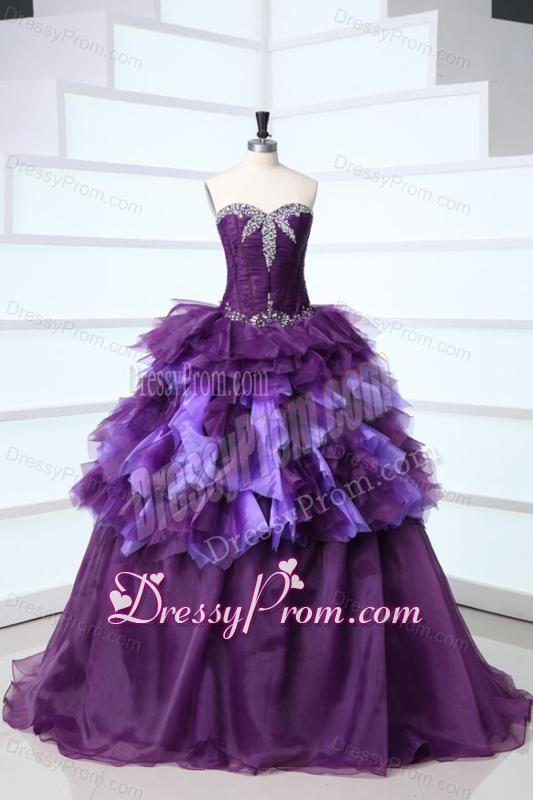 Sweetheart Dark Purple Sweet Train Quinceanera Dress with Beading