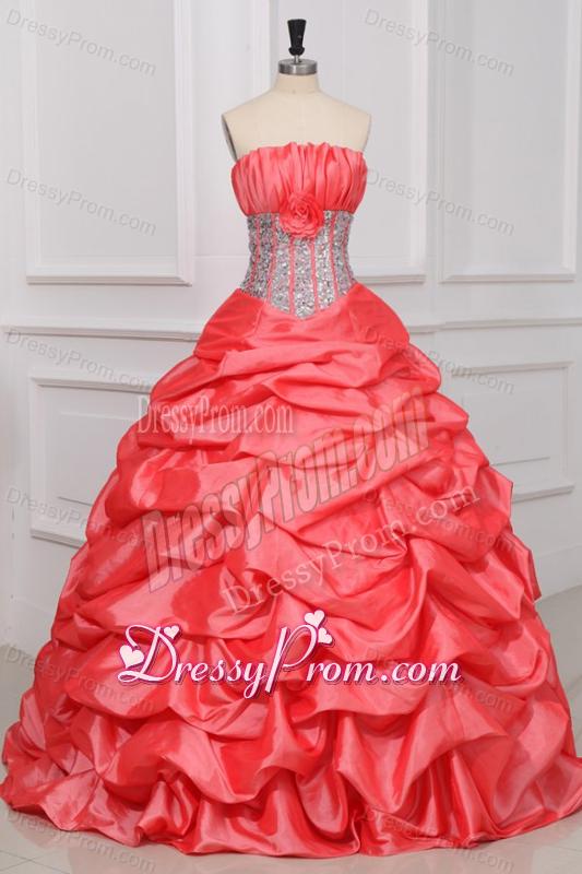 Watermelon Strapless Sequins and Pick-ups Taffeta Quinceanera Dress