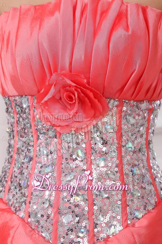 Watermelon Strapless Sequins and Pick-ups Taffeta Quinceanera Dress