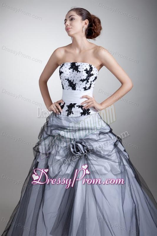 White and Black Strapless Appliques and Flowers Quinceanera Dress