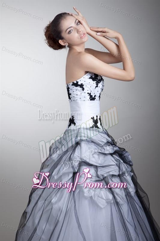 White and Black Strapless Appliques and Flowers Quinceanera Dress