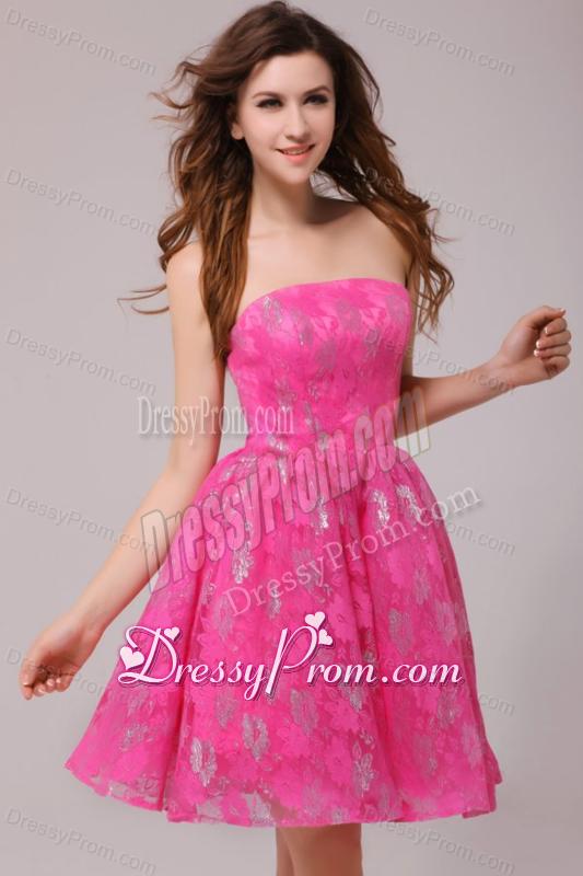 A-line Hot Pink Strapless Knee-length Prom Dress