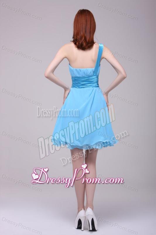 Baby Blue One Shoulder Ruching Prom Dress with Chiffon