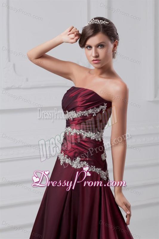Burgundy A-line Prom Dress with Appliques Chapel Train