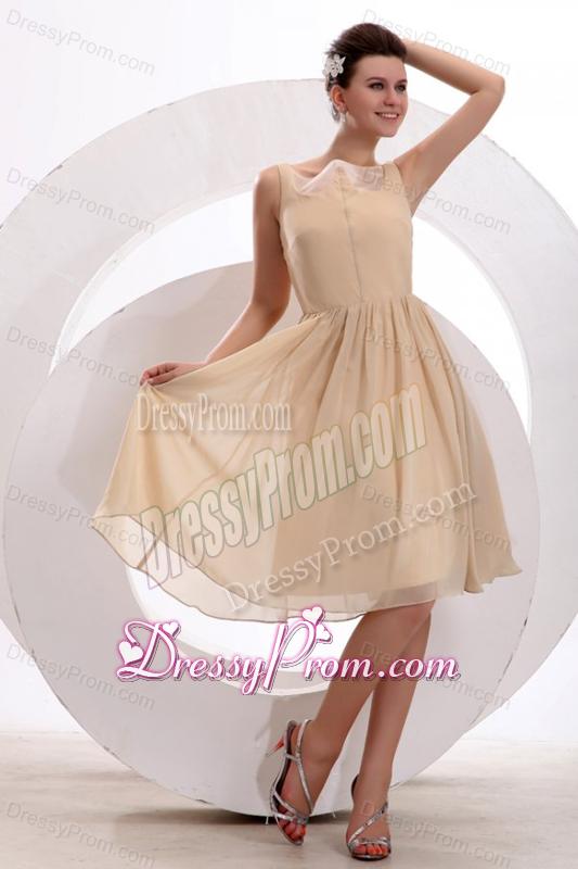 Champagne Bateau Ruching Prom Dress with Chiffon