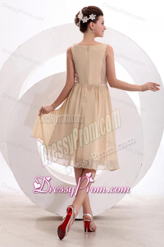 Champagne Bateau Ruching Prom Dress with Chiffon