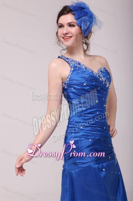 Cheap Column One Shoulder Blue Floor-length Beading Prom Dress