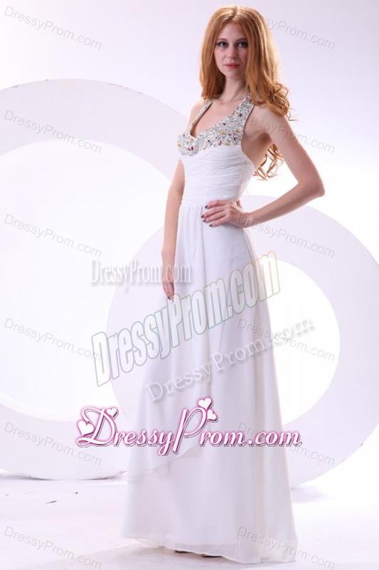 Chiffon Halter Top Beaded Empire White Prom Dress