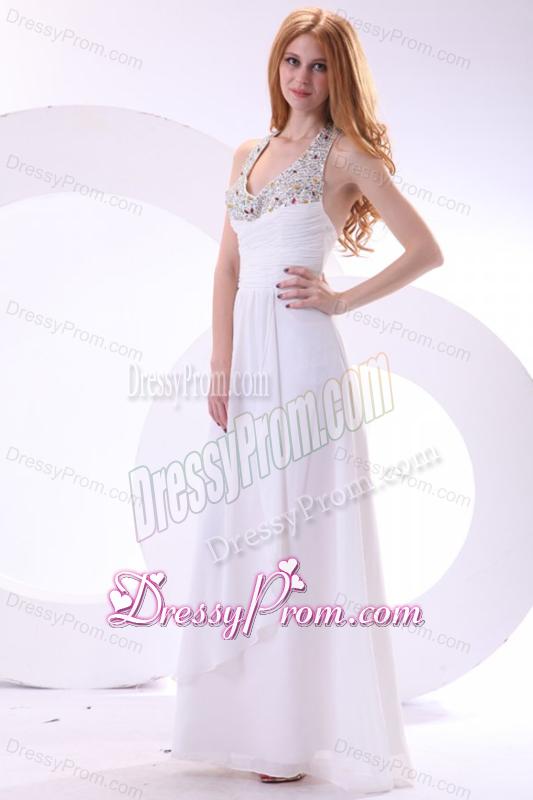 Chiffon Halter Top Beaded Empire White Prom Dress