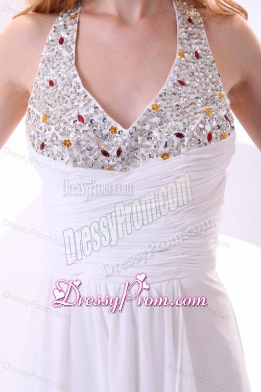 Chiffon Halter Top Beaded Empire White Prom Dress