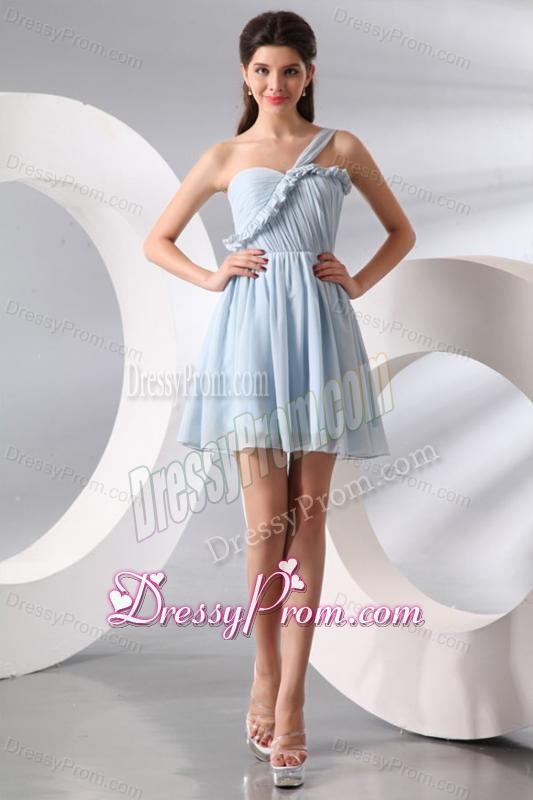 Cute Light Blue One Shoulder Ruching Mini-length Prom Cocktail Dress