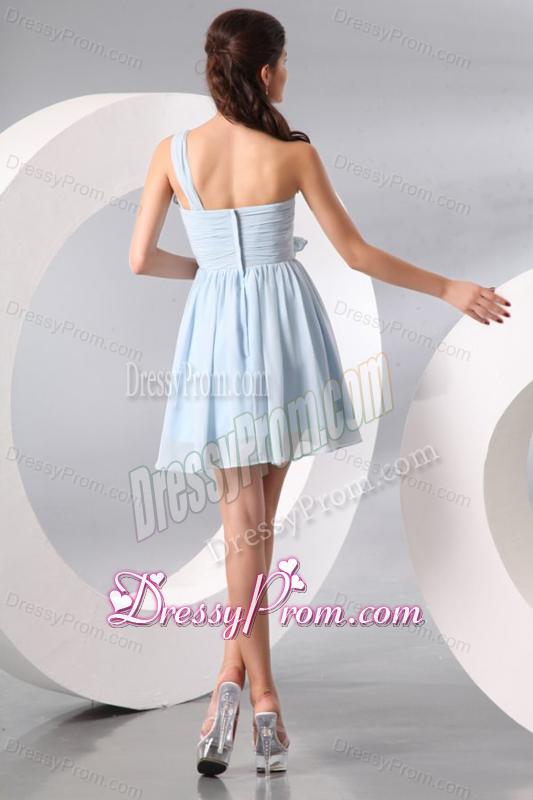Cute Light Blue One Shoulder Ruching Mini-length Prom Cocktail Dress