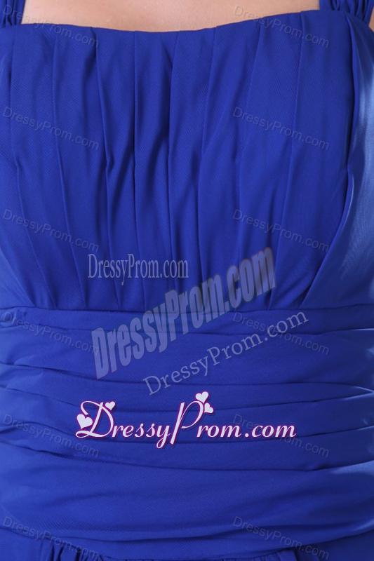 Empire Chiffon Blue Wide Straps Brush Train Prom Dress with Ruche