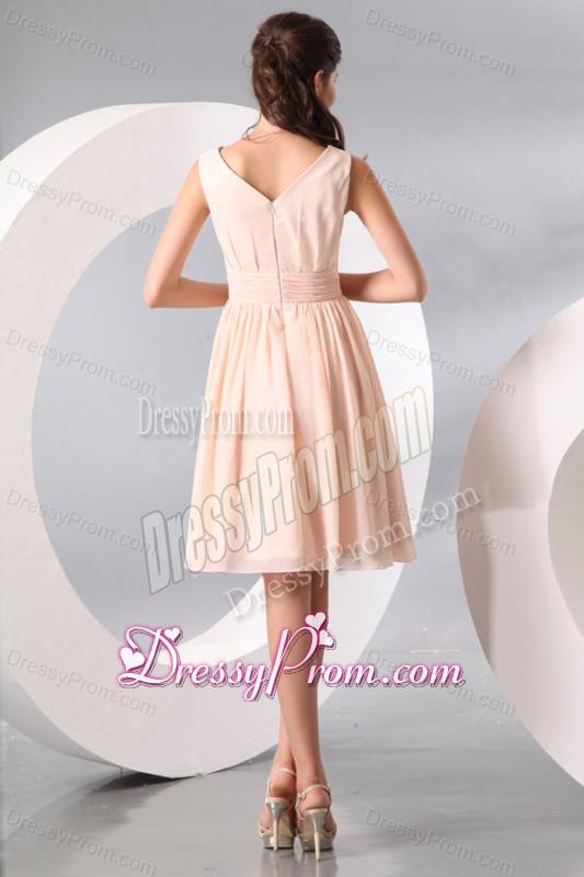 Empire V-neck Champagne Hand Made Flower Ruching Short Prom Dress