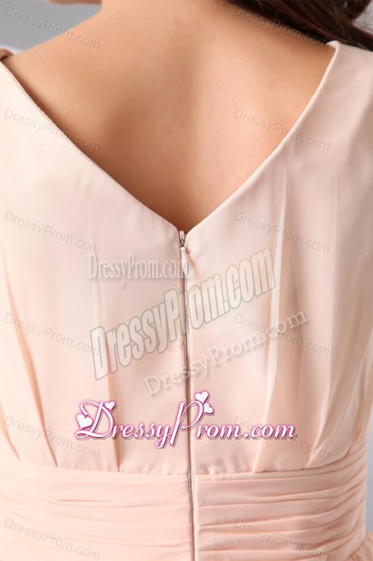 Empire V-neck Champagne Hand Made Flower Ruching Short Prom Dress