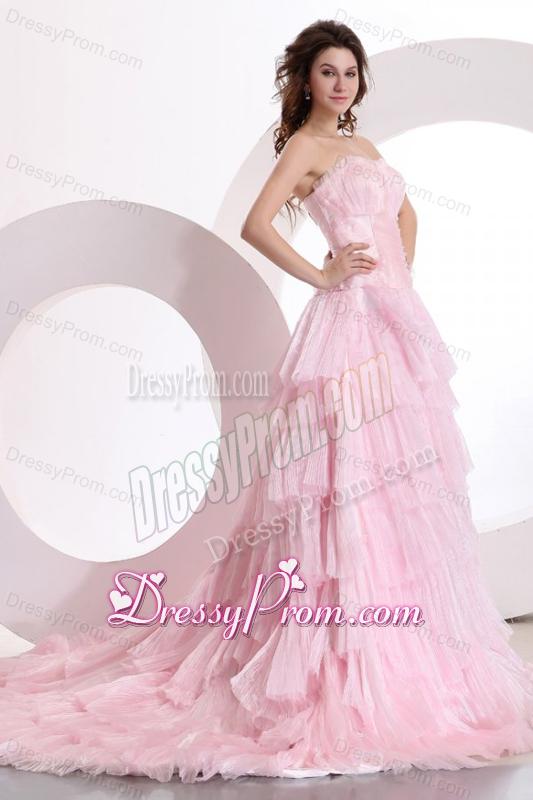 Exquisite A-line Sweetheart Court Train Ruching Pink Prom Dress