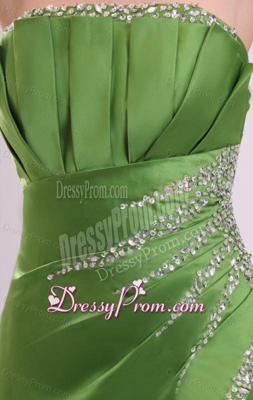 Green Column Strapless Satin Beading Prom Dress with Lace Up