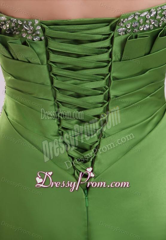 Green Column Strapless Satin Beading Prom Dress with Lace Up