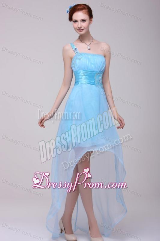 Light Blue One Shoulder High-low Beaded Decorate Prom Dress for Girls