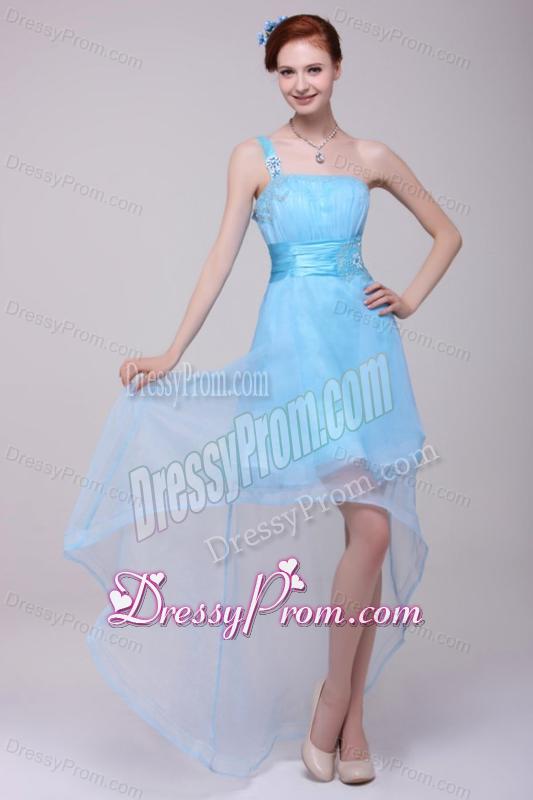 Light Blue One Shoulder High-low Beaded Decorate Prom Dress for Girls