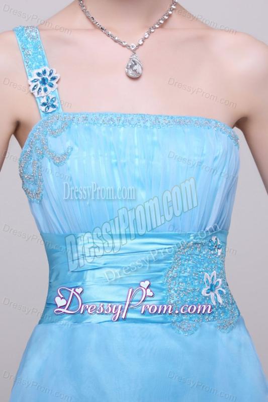 Light Blue One Shoulder High-low Beaded Decorate Prom Dress for Girls