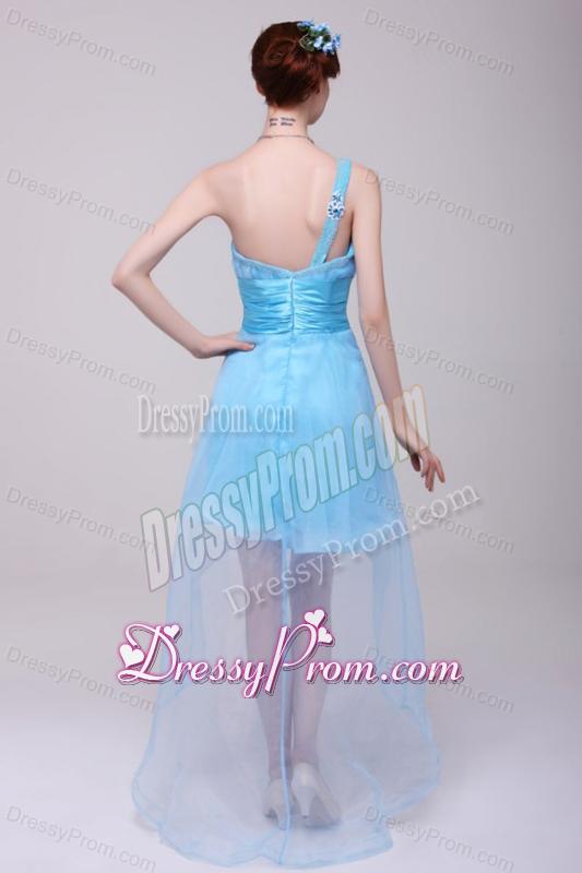 Light Blue One Shoulder High-low Beaded Decorate Prom Dress for Girls