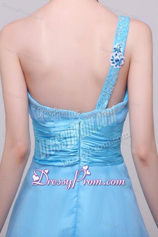 Light Blue One Shoulder High-low Beaded Decorate Prom Dress for Girls