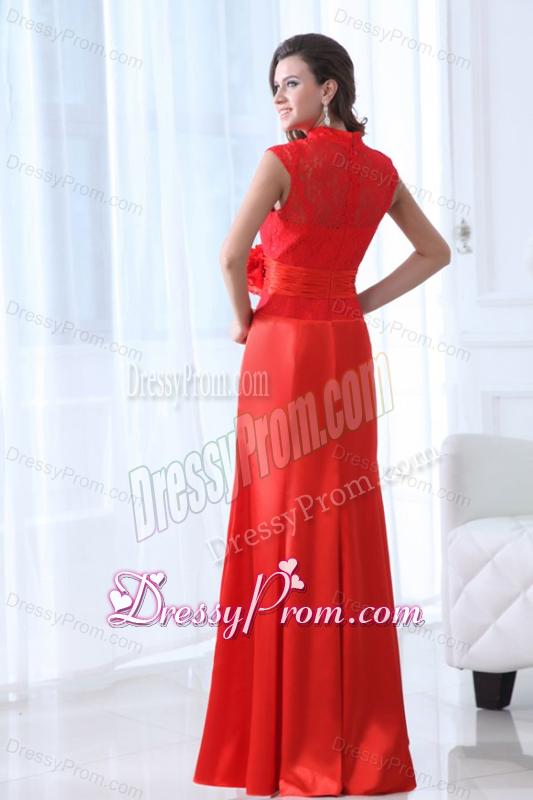 Modern Column Red Floor-length Lace Prom Dress with High Neck