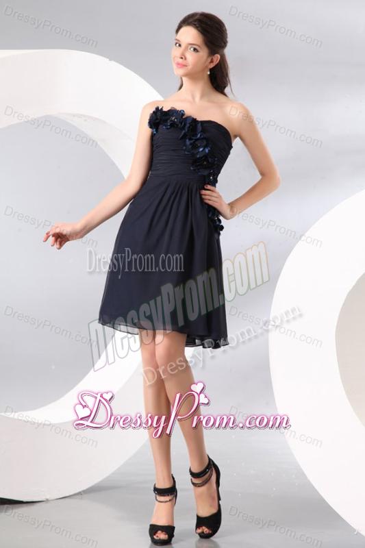 Navy Blue Strapless Hand Made Flowers Prom Dress for 2013