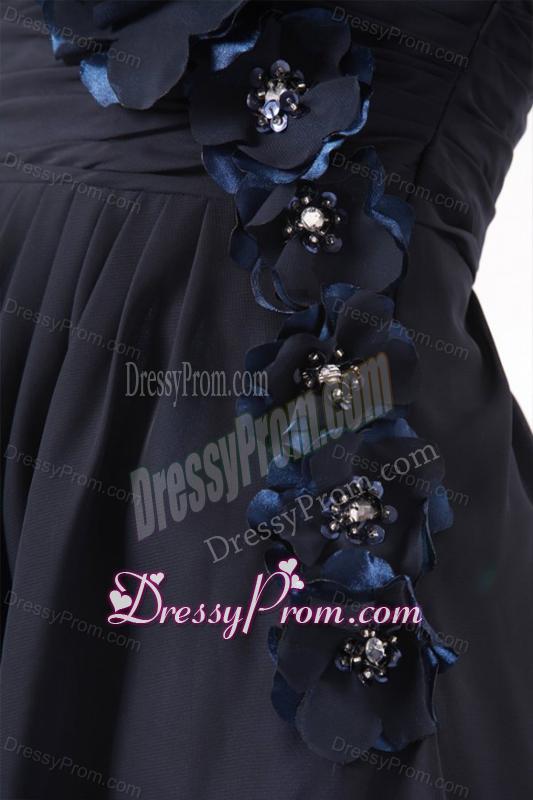 Navy Blue Strapless Hand Made Flowers Prom Dress for 2013