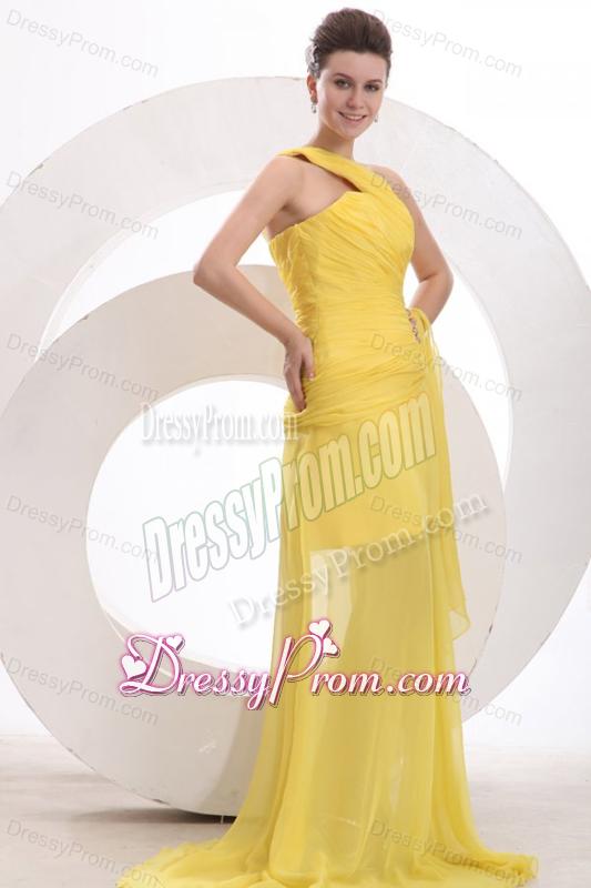 One Shoulder Chiffon Yellow Ruche Prom Dress with Watteau Train