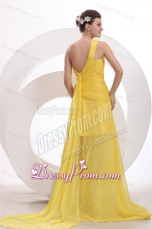 One Shoulder Chiffon Yellow Ruche Prom Dress with Watteau Train