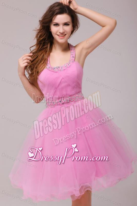 Rose Pink Halter Top Beading and Ruching Prom Dress