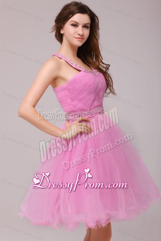 Rose Pink Halter Top Beading and Ruching Prom Dress