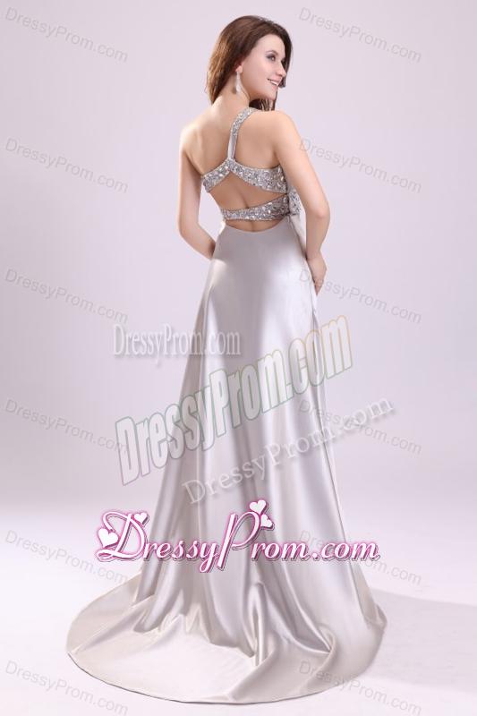 Sexy Column One Shoulder Criss Cross Brush Train Grey Beading Prom Dress