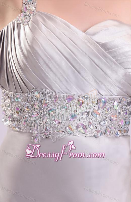 Sexy Column One Shoulder Criss Cross Brush Train Grey Beading Prom Dress
