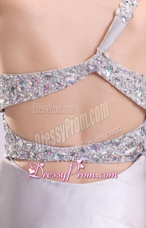 Sexy Column One Shoulder Criss Cross Brush Train Grey Beading Prom Dress