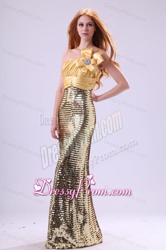 Sexy Sequins Column Strapless Floor-length Yellow Prom Dress with Ruching