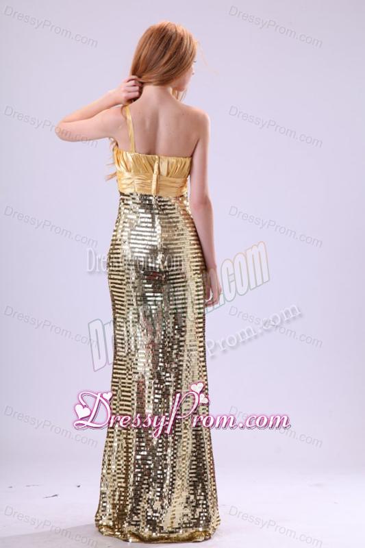 Sexy Sequins Column Strapless Floor-length Yellow Prom Dress with Ruching