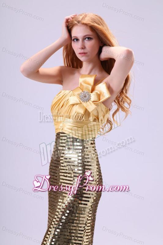 Sexy Sequins Column Strapless Floor-length Yellow Prom Dress with Ruching