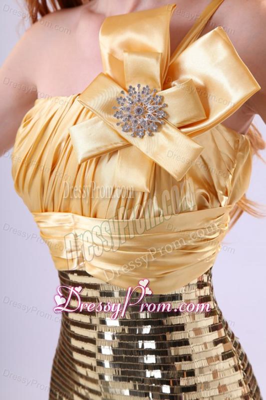 Sexy Sequins Column Strapless Floor-length Yellow Prom Dress with Ruching