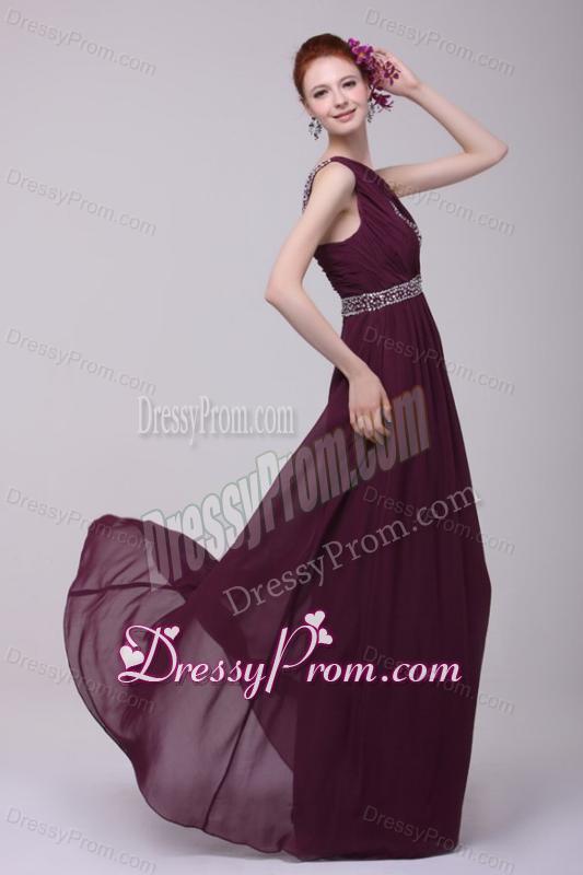 One Shoulder Empire Chiffon Beaded Decorate Full Length Prom Dress