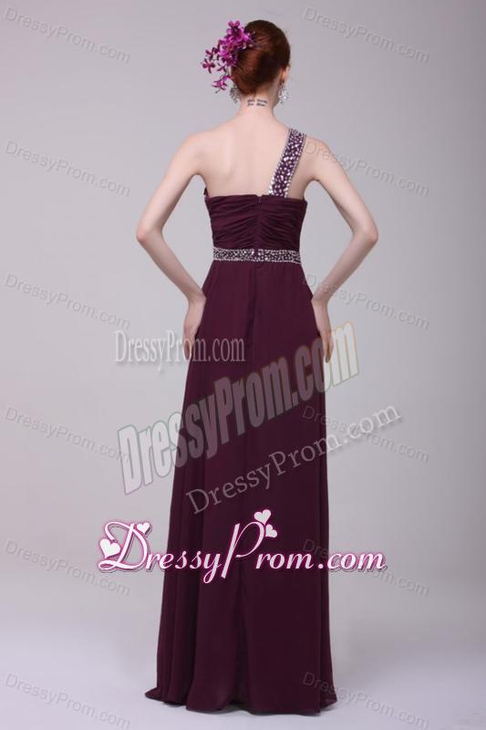 One Shoulder Empire Chiffon Beaded Decorate Full Length Prom Dress