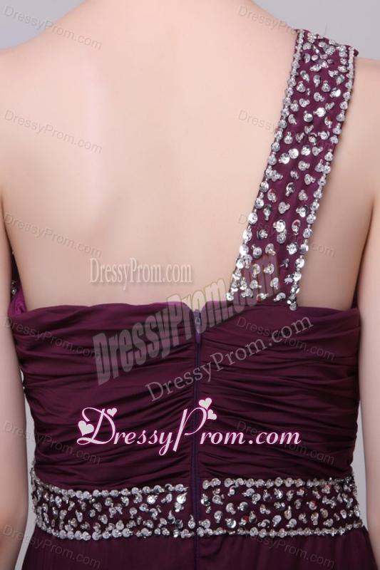 One Shoulder Empire Chiffon Beaded Decorate Full Length Prom Dress