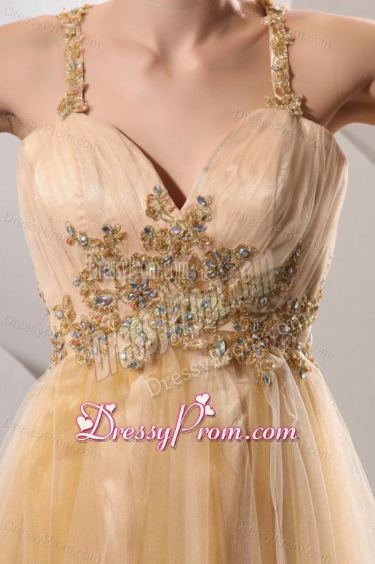 A-line Gold Straps Appliques and Ruching Floor-length Organza Prom Dress