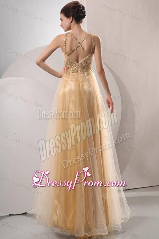 A-line Gold Straps Appliques and Ruching Floor-length Organza Prom Dress